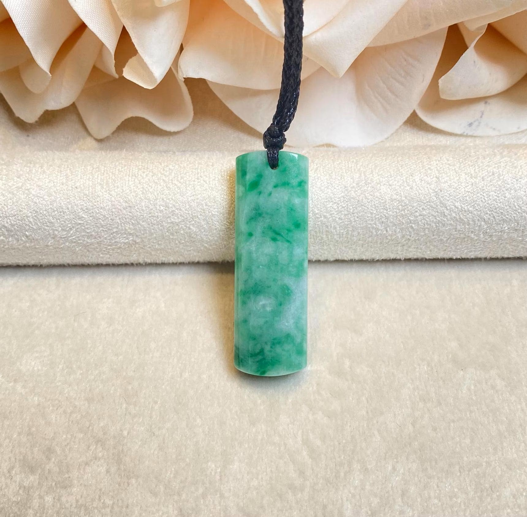 Genuine Green Jade Rod Pendant – Natural Untreated Burmese Jadeite on Black Adjustable String