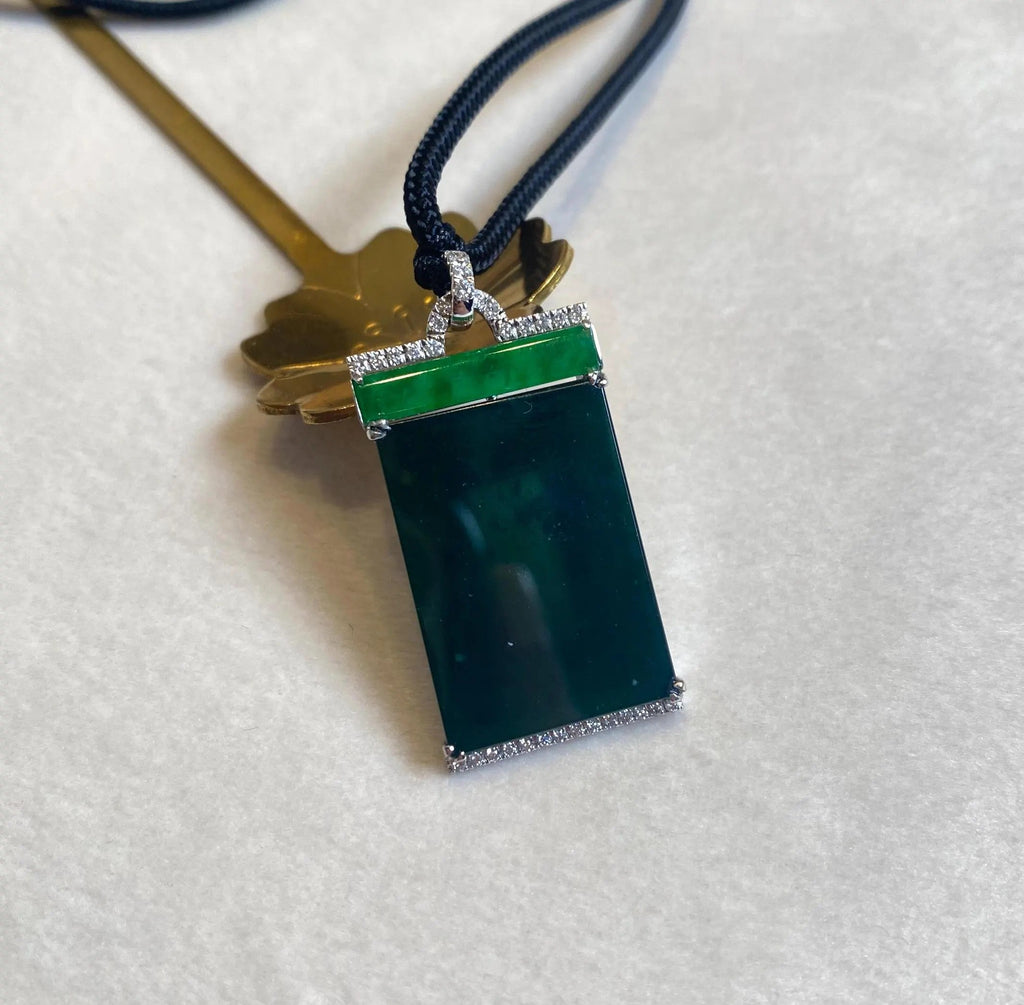 Black & Green Burmese Jadeite Pendant in 18K White Gold with Diamonds