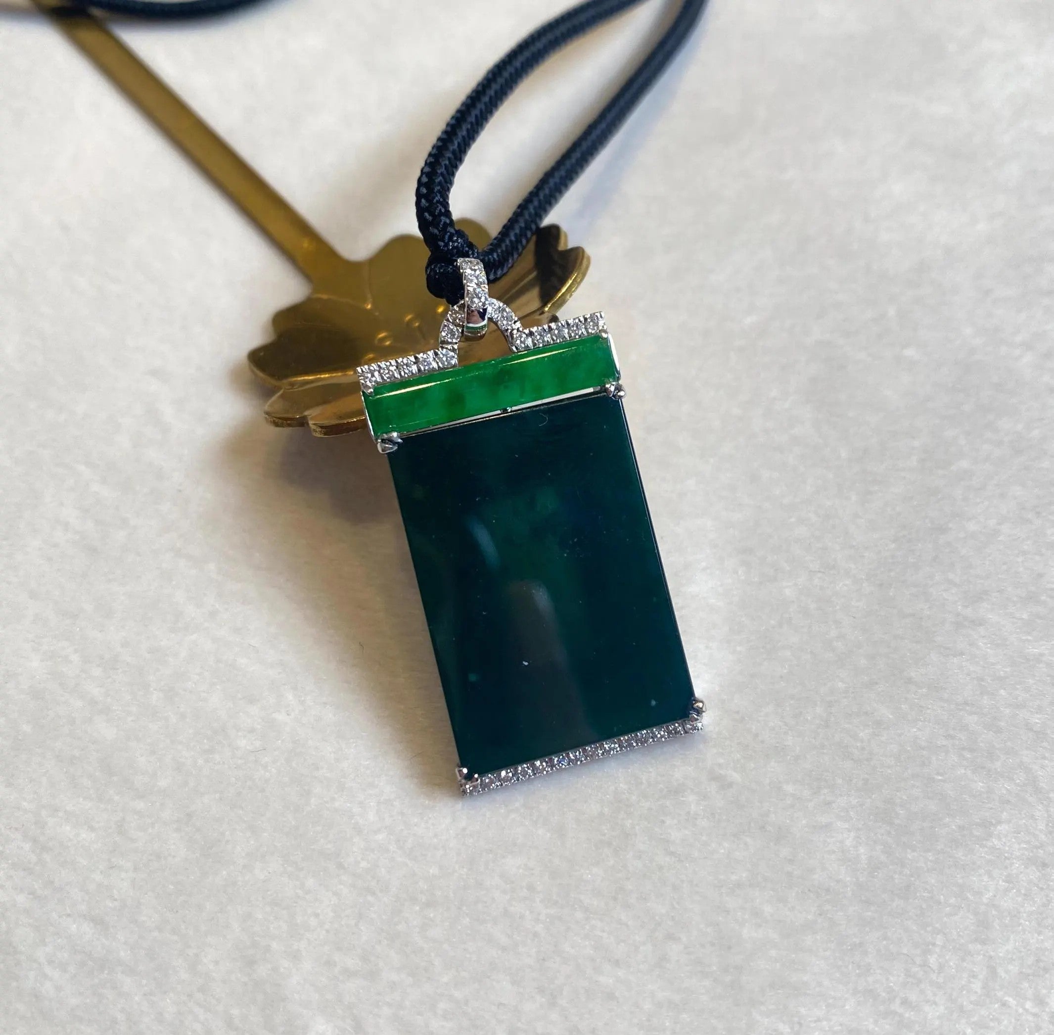 Black & Green Burmese Jadeite Pendant in 18K White Gold with Diamonds