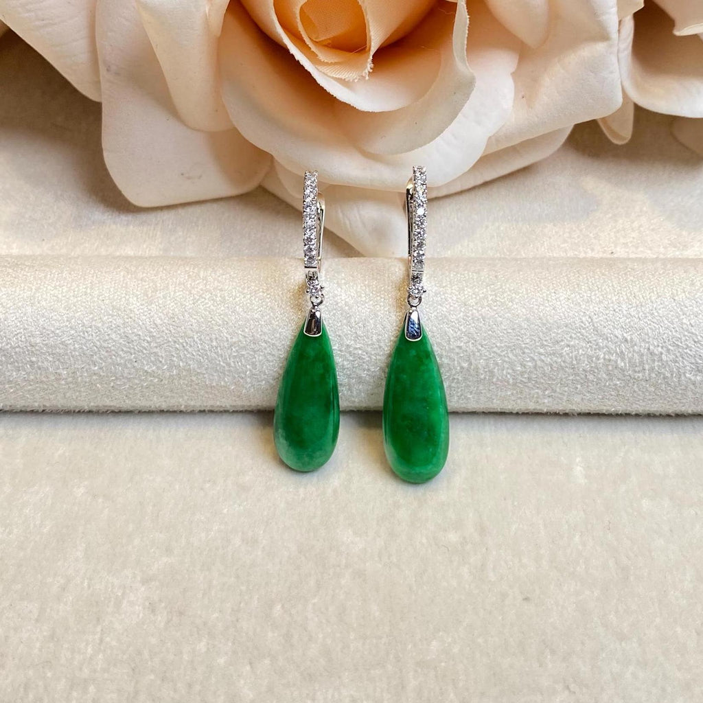 Green Jade Pear Shape Dangle Earrings - 18K White Gold and Diamonds