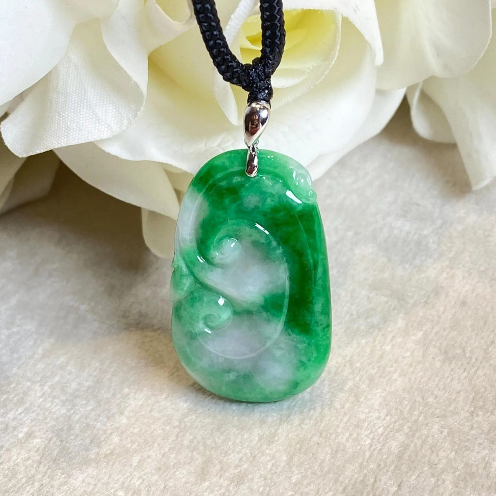 Natural Green Ruyi Jade Pendant - 18k White Gold Bail