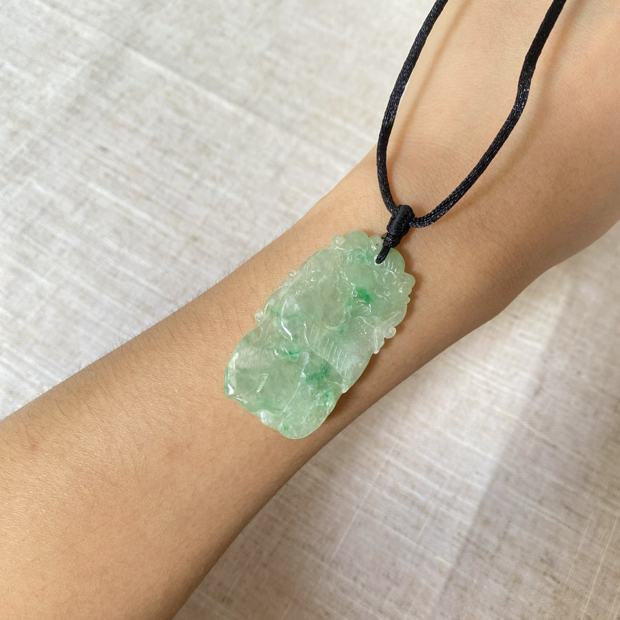 Natural Type-A Burmese Green Jadeite Pendant - Ruyi & Lotus Carving
