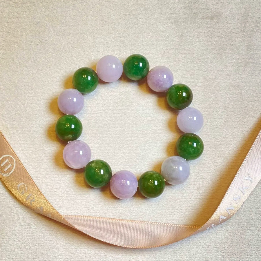 Gransky Jewellery Type-A Jadeite Beaded Bracelet - Green & Purple, 12-12.5mm