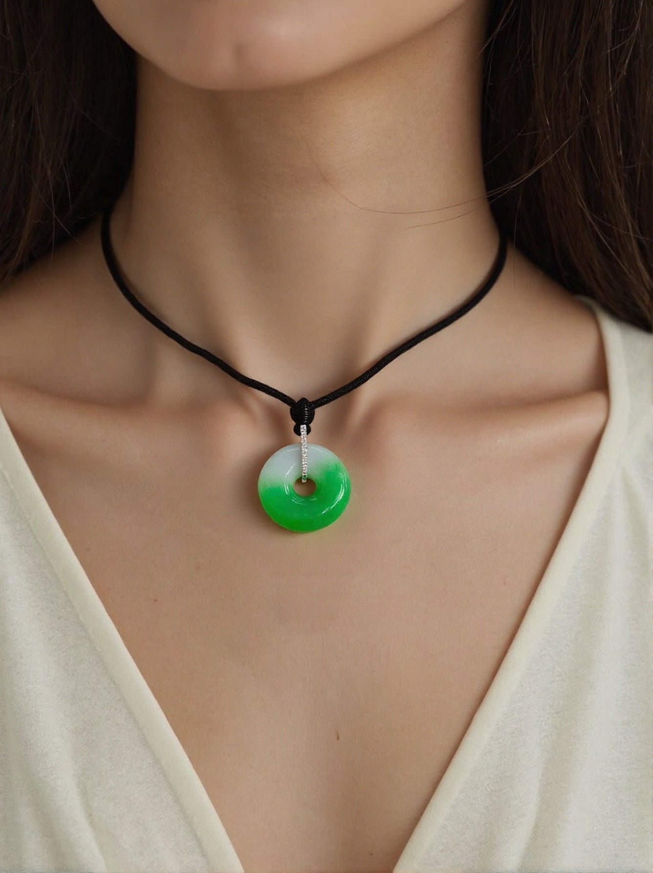 Cute Apple Green Jade Donut Pendant Necklace 18K White Gold Diamonds 18.9mm