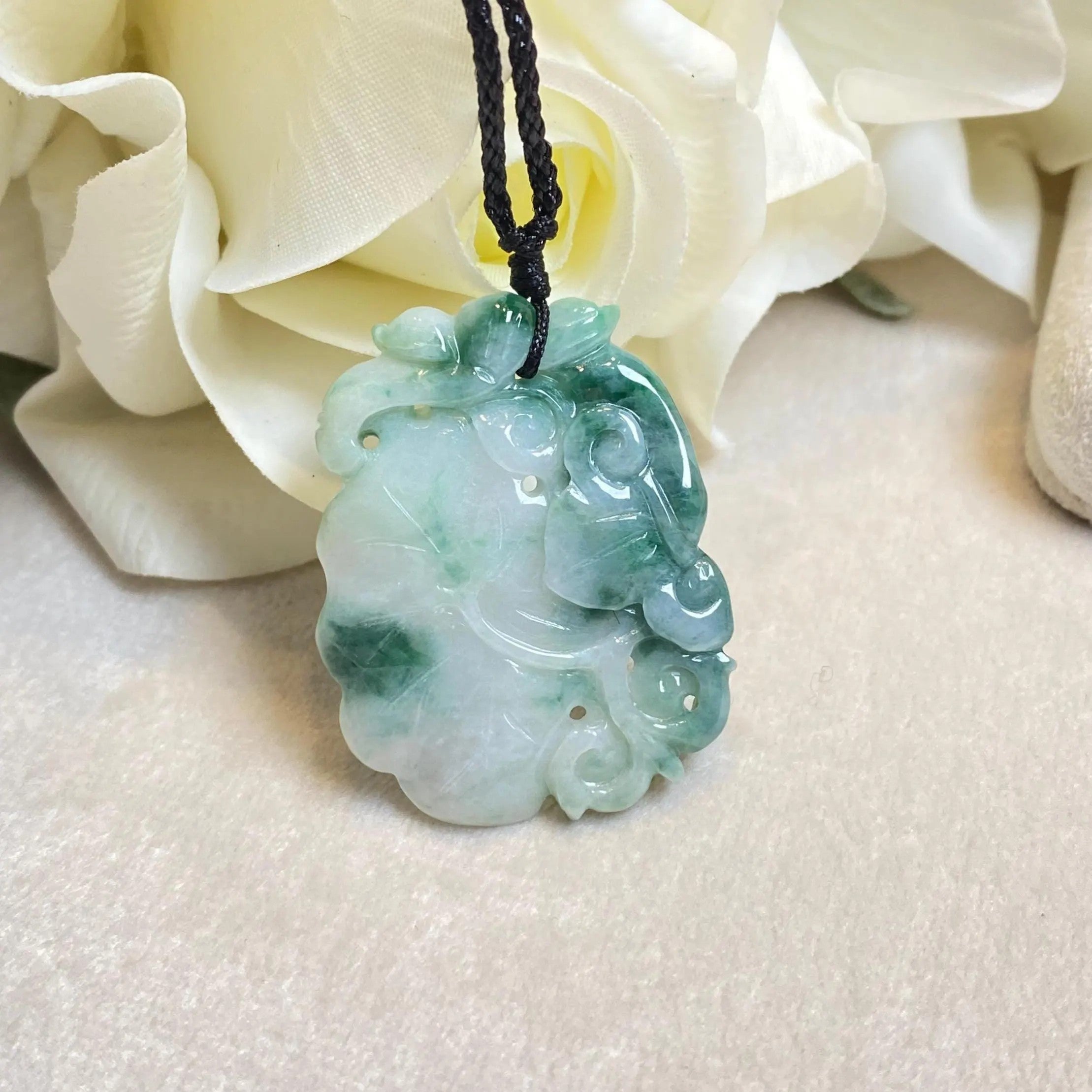 Natural Green Jadeite Pendant - Carved Lotus Leaf with Ruyi and Frog