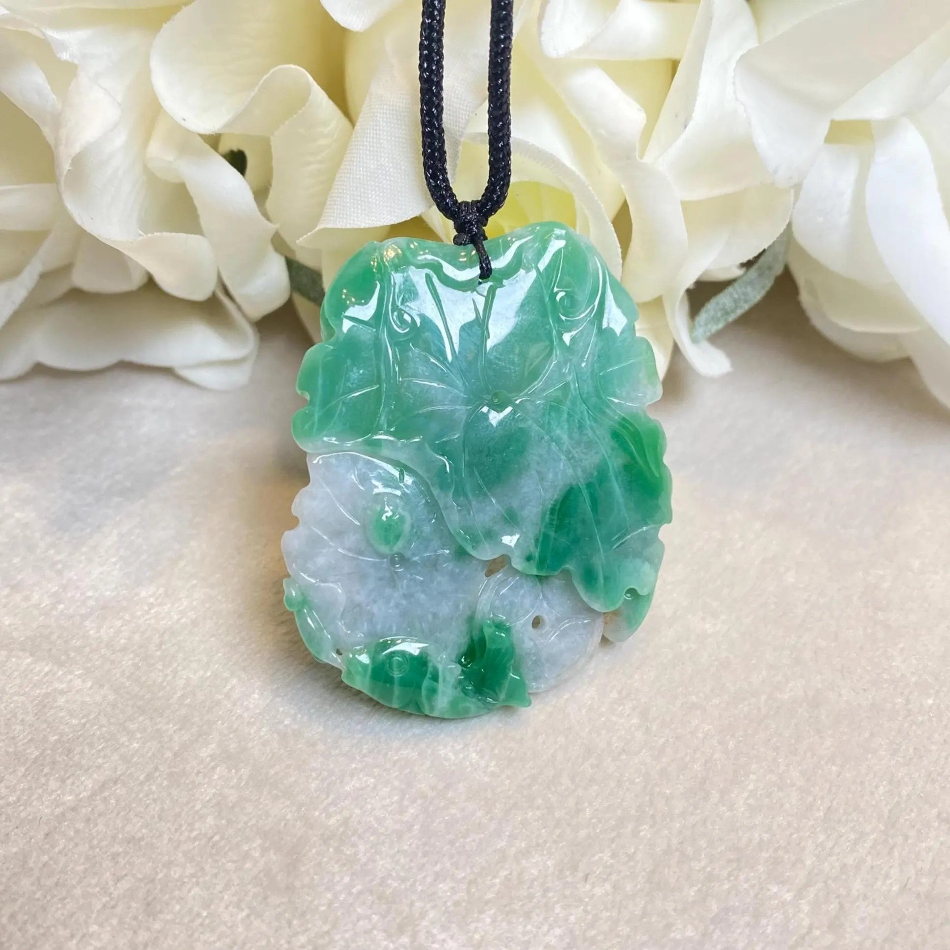 Natural Green Jadeite Pendant - Carved Lotus Leaf with Ruyi