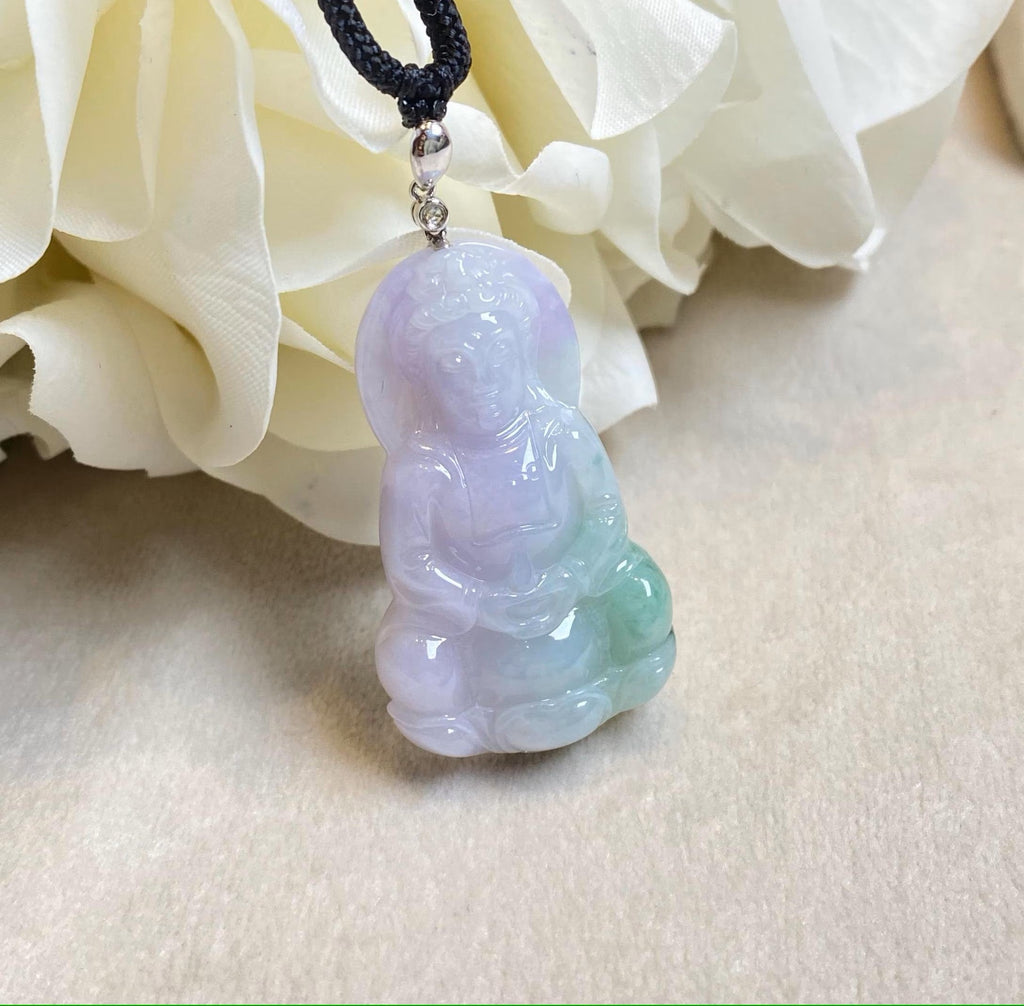 Gransky Handmade GuanYin (Kwan yin) Green and Purple Jade Pendant 18k White Gold Bail