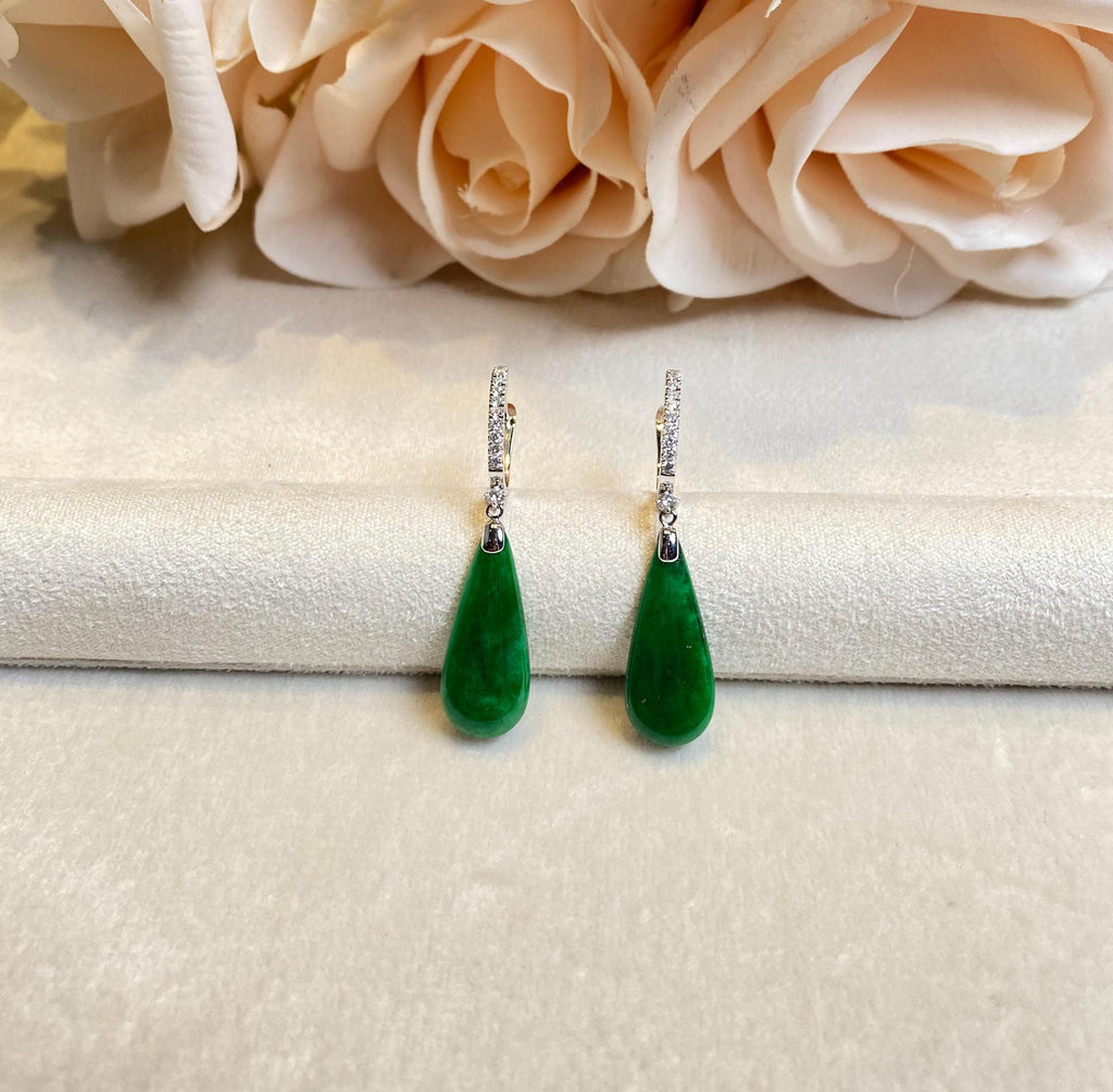 Gransky 18K White Gold and Diamonds Green Jade Teardrop Earrings