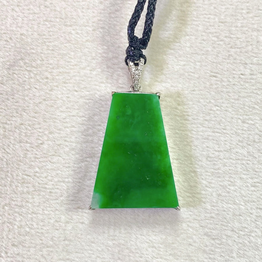 Green Jade Block Pendant in 18K White Gold with Diamonds, Genuine Burmese Jadeite