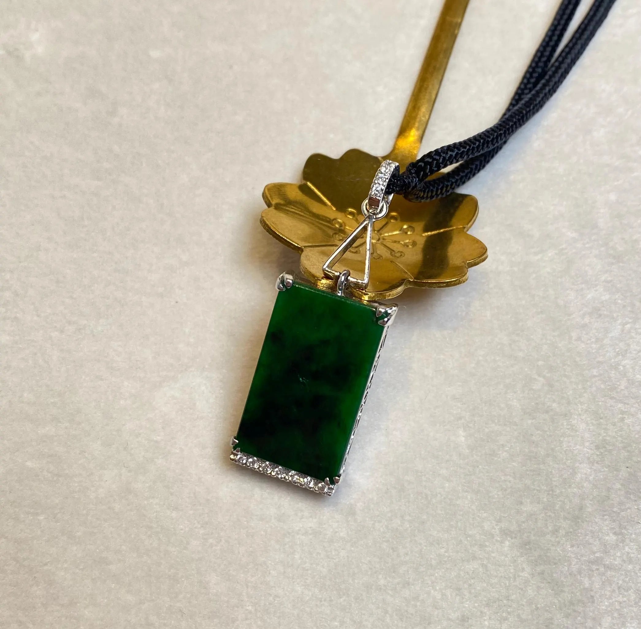 Black Burmese Jadeite Pendant in 18K White Gold with Diamonds
