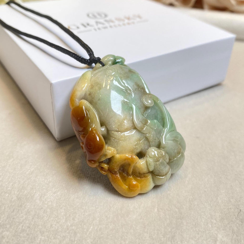 Natural Tri-ColorBrown Jade Ruyi Fushu Carving Pendant