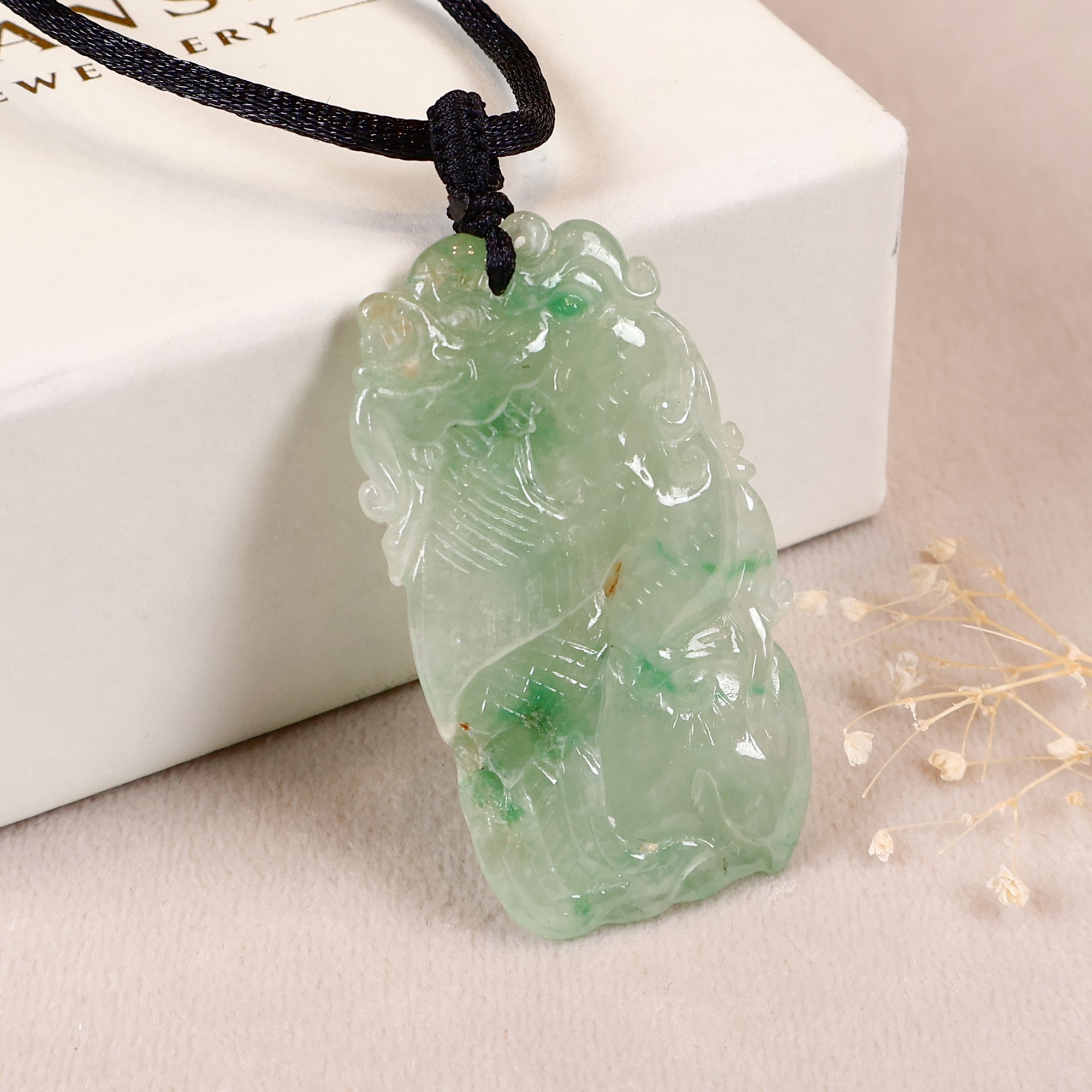 Natural Type-A Burmese Green Jadeite Pendant - Ruyi & Lotus Carving