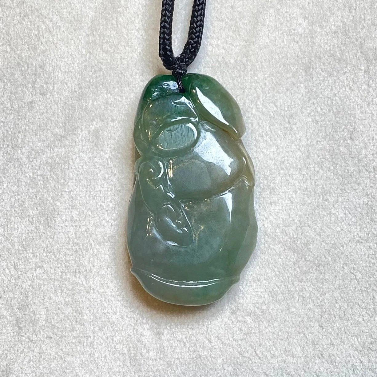 Hand-Carved Green and Brown Jade Happy Buddha Pendant – Spiritual Jewelry