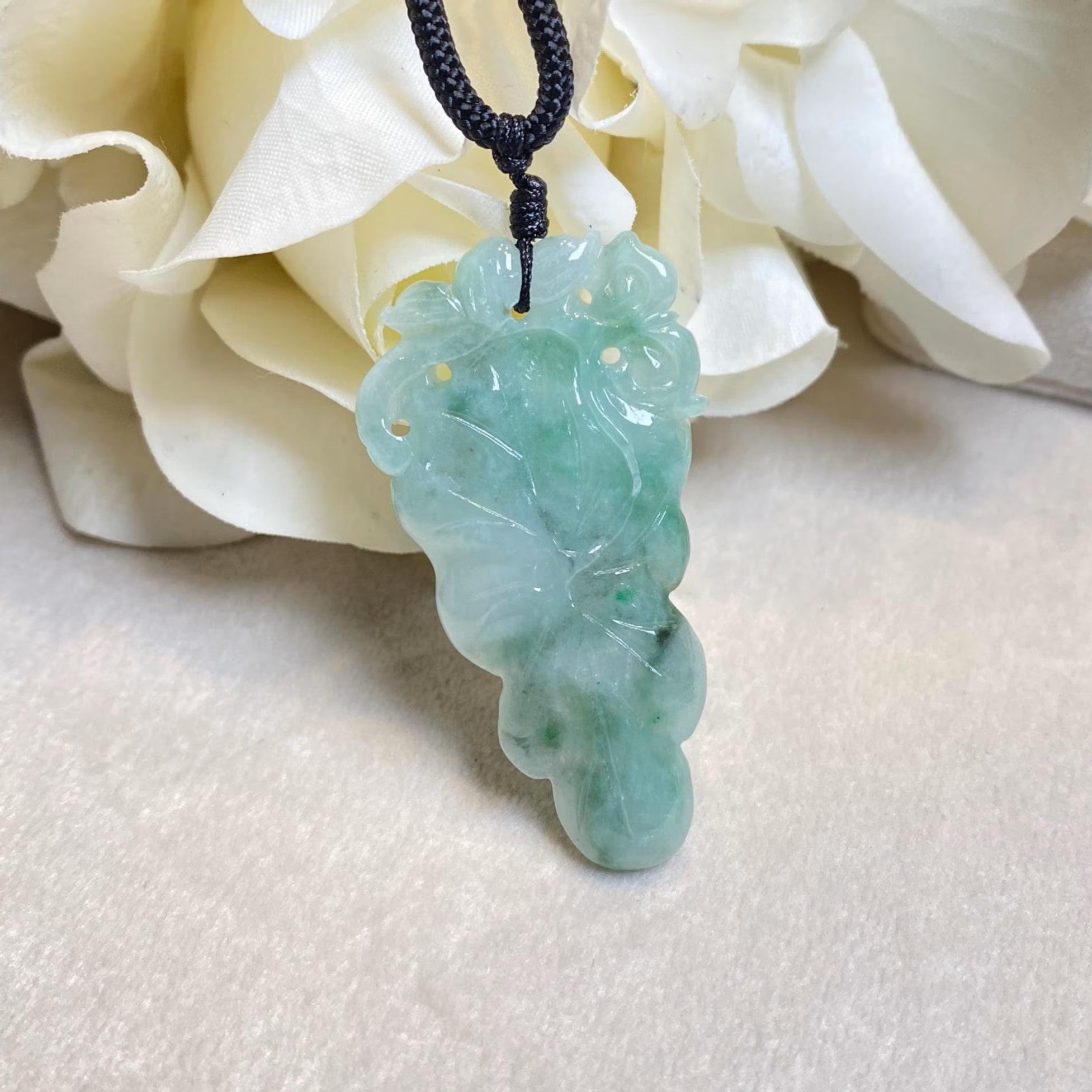 Natural Green Carved Lotus Jadeite Pendant