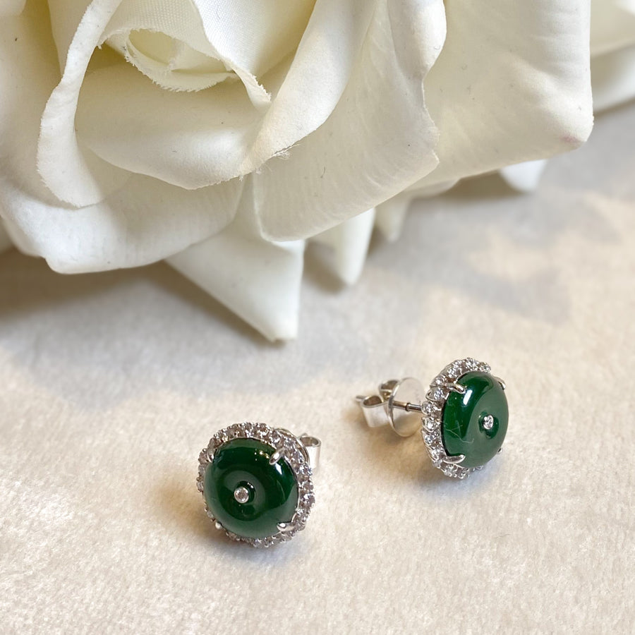 Imperial Green Jadeite & Diamond Round Disc Stud Earrings in 18K White Gold