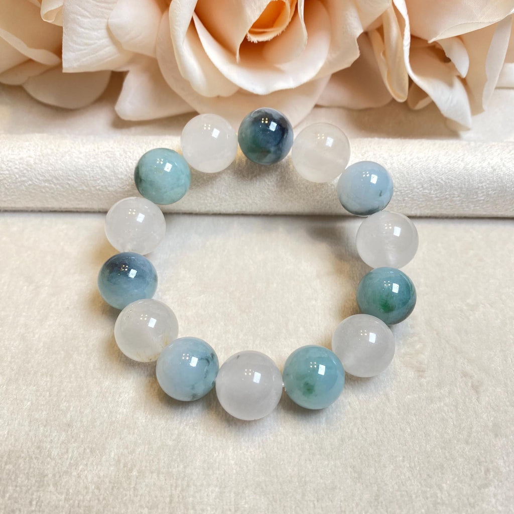 Natural Type-A Burmese Jadeite Beaded Bracelet - Green & White, 13mm