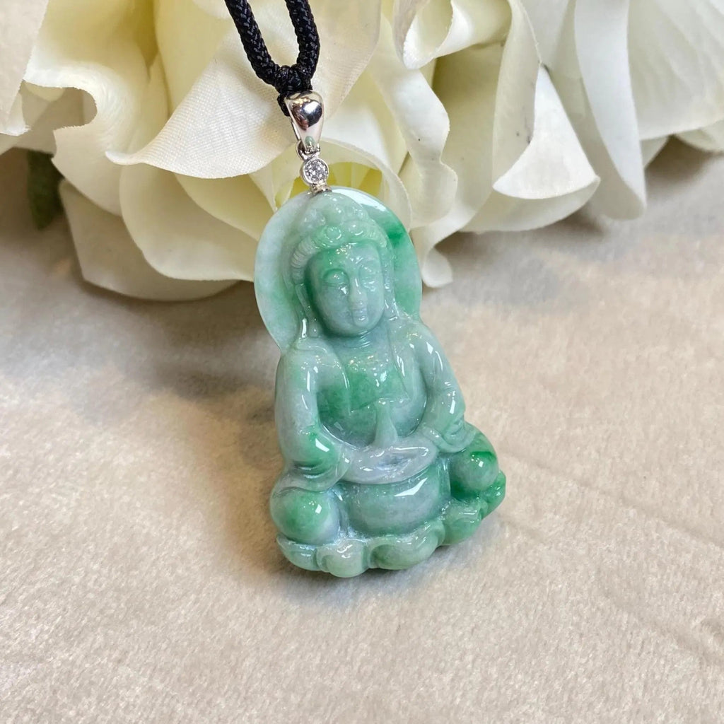 GuanYin Green Jade Pendant 18k White Gold and Diamonds