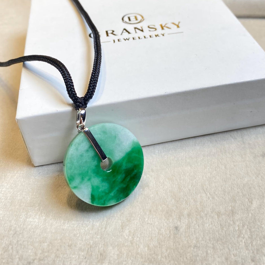 Intense Green Round Disc Jade Pendant Gold Bail - 34.2mm Width Adjustable Cord