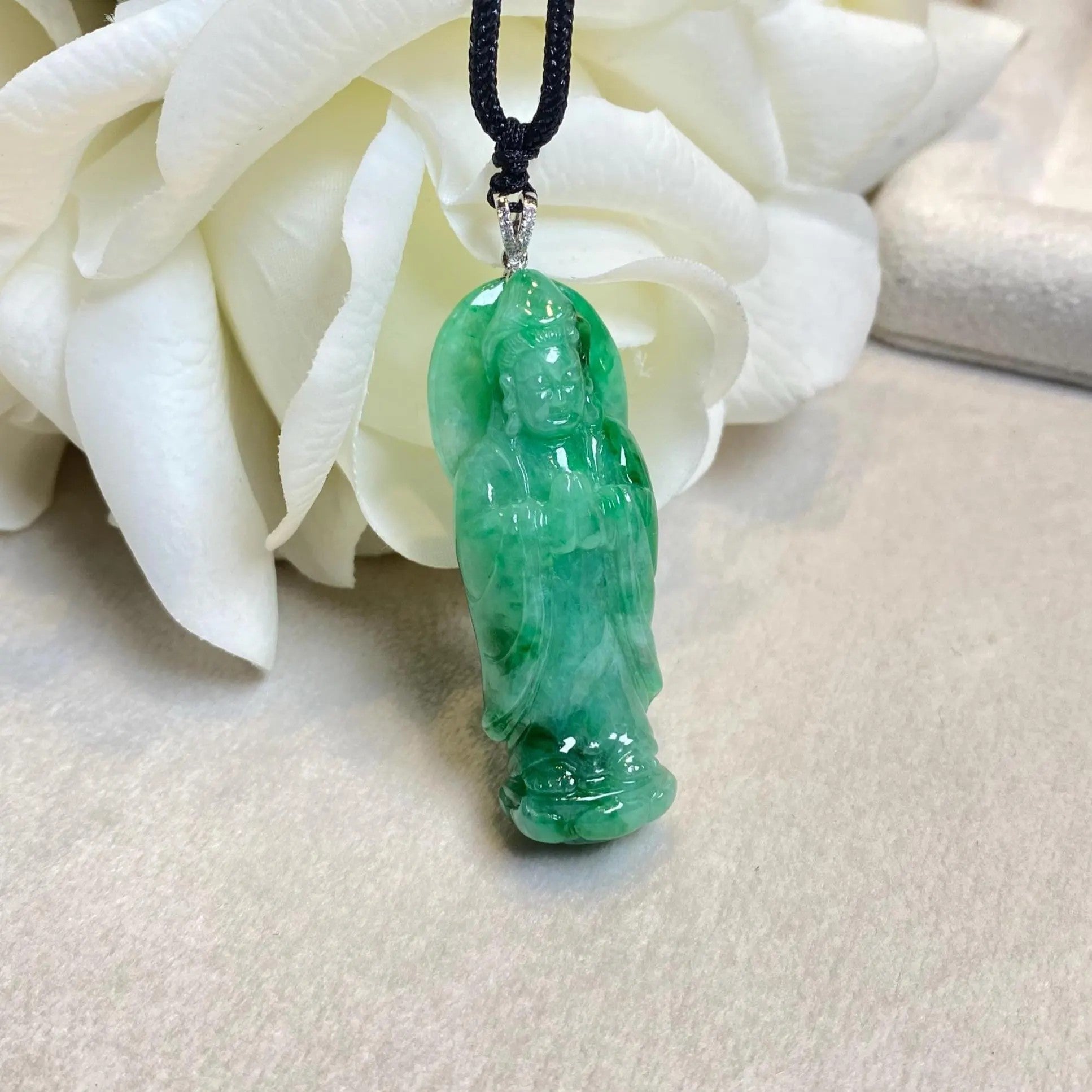 GuanYin Green Jade Pendant Necklace 18k White Gold Bail and Diamonds