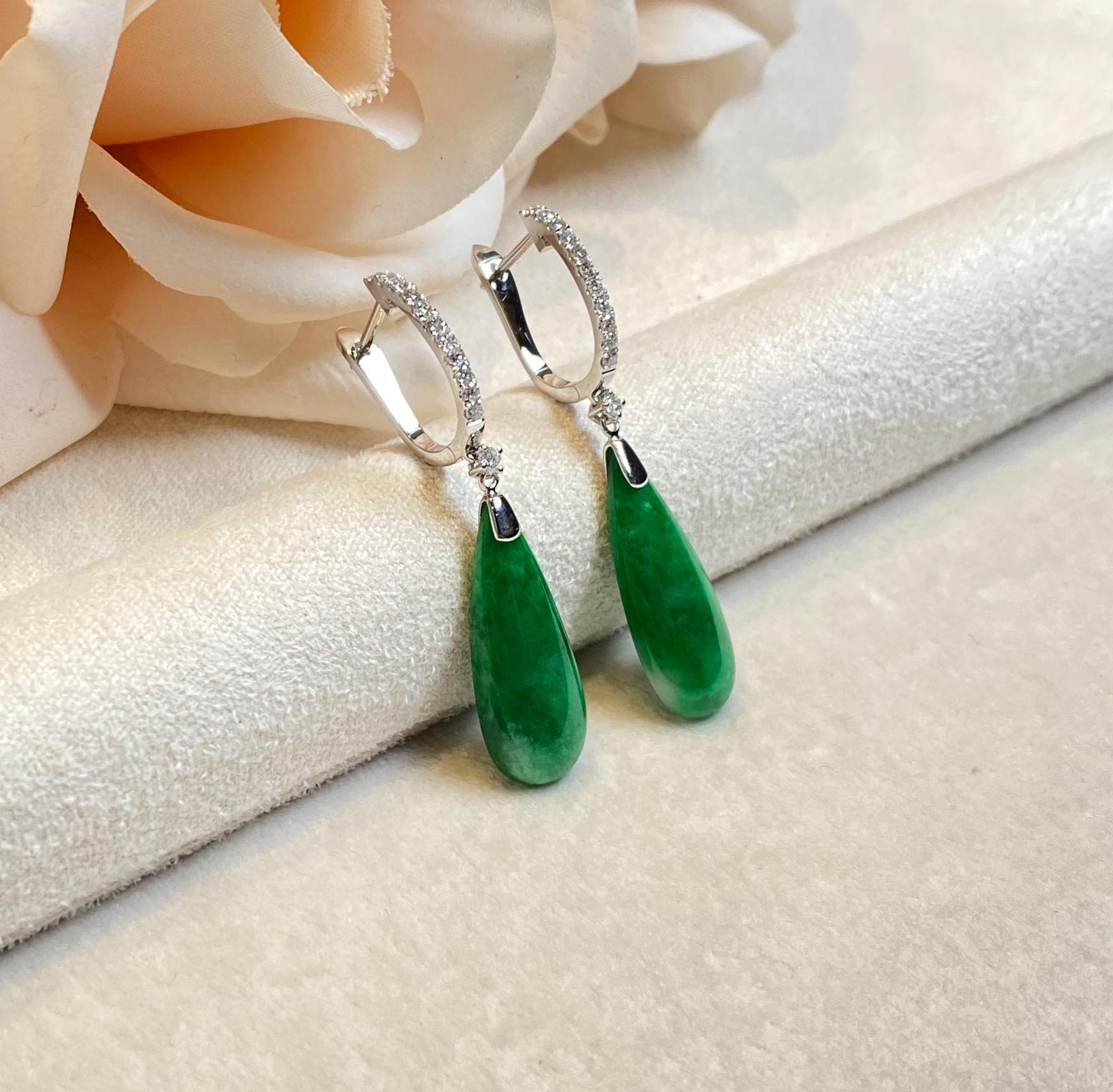 Green Jade Pear Shape Dangle Earrings - 18K White Gold and Diamonds