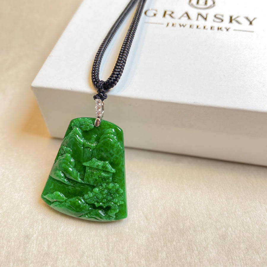 Imperial Green Jade Scenic Pendant with 18k White Gold Bail and Diamonds