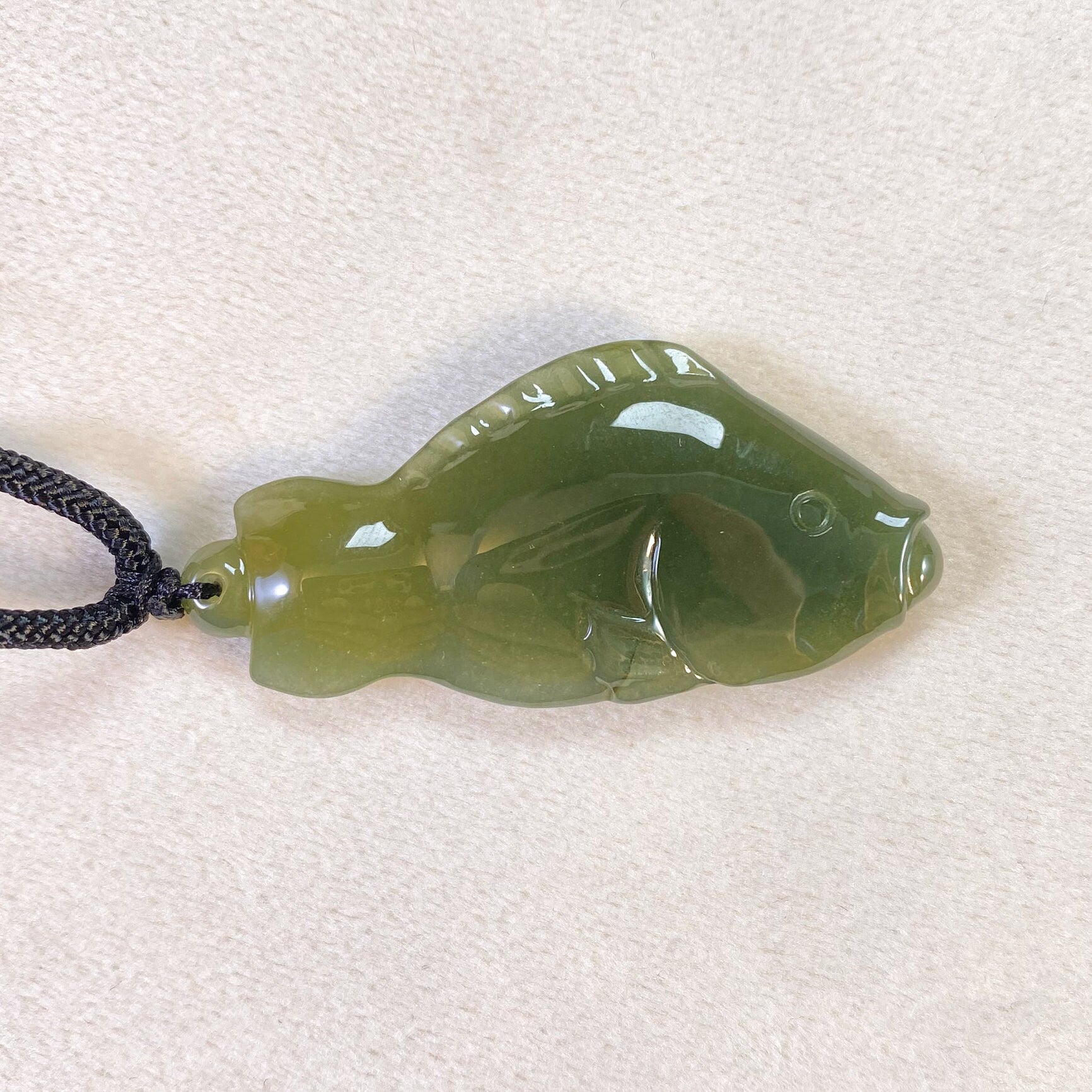 Dark Green Carved Fish Jade Pendant Necklace, Adjustable Black Cord, Meaningful Gift, Natural Jade Jewelry
