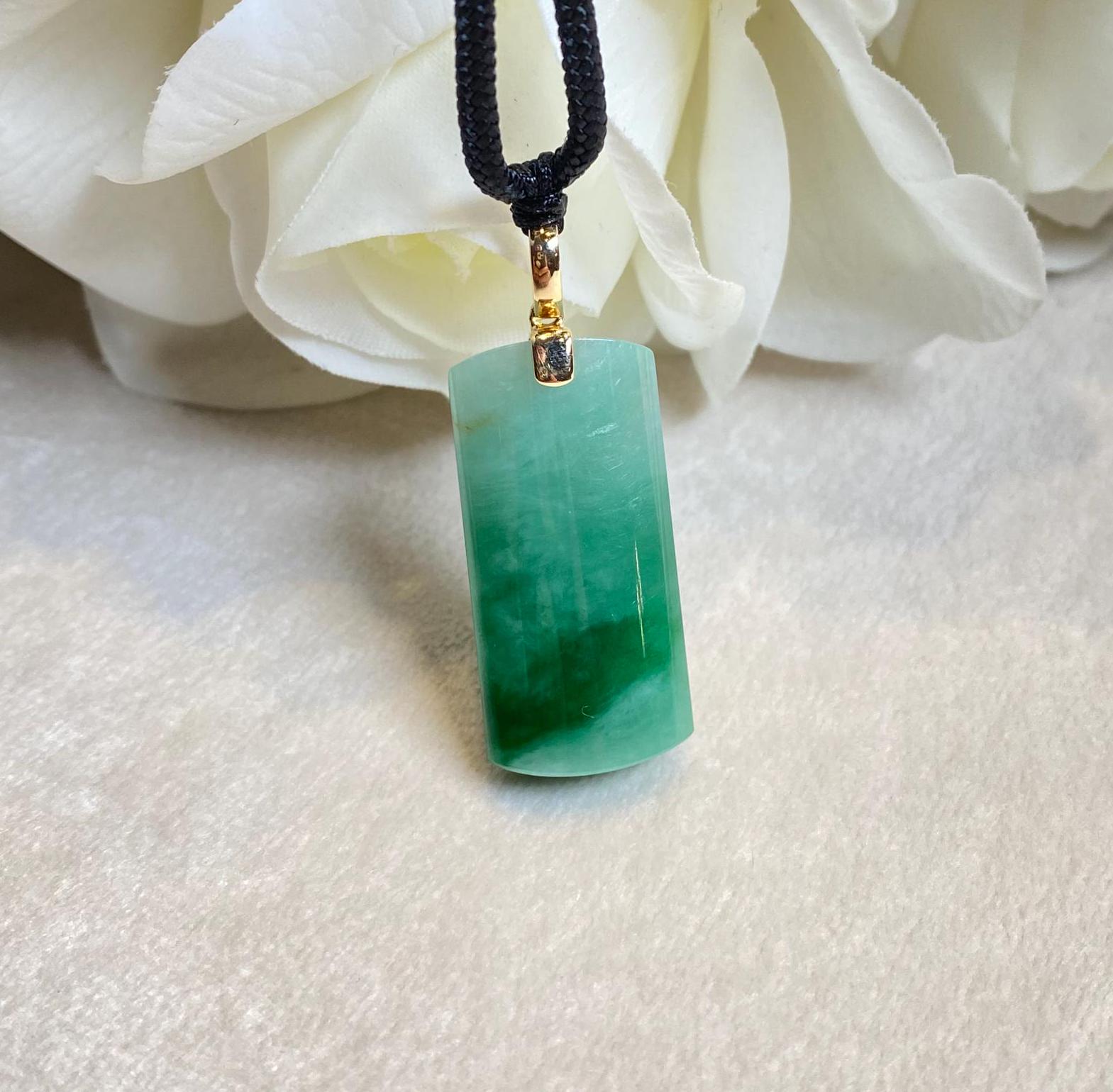 Green Jade Block Pendant Necklace 18k Yellow Gold Bail - Certified Type-A Jadeite