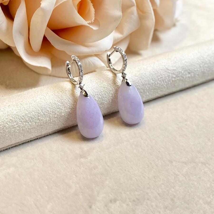 18k White Gold Diamonds Intense Purple Teardrop Jade Drop Earrings