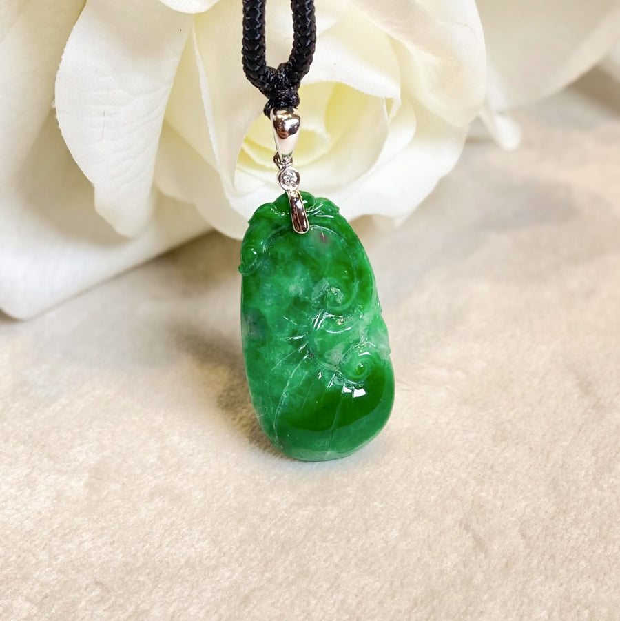Gransky Carved Ruyi Jade Pendant in 18k White Gold Bail and Diamonds