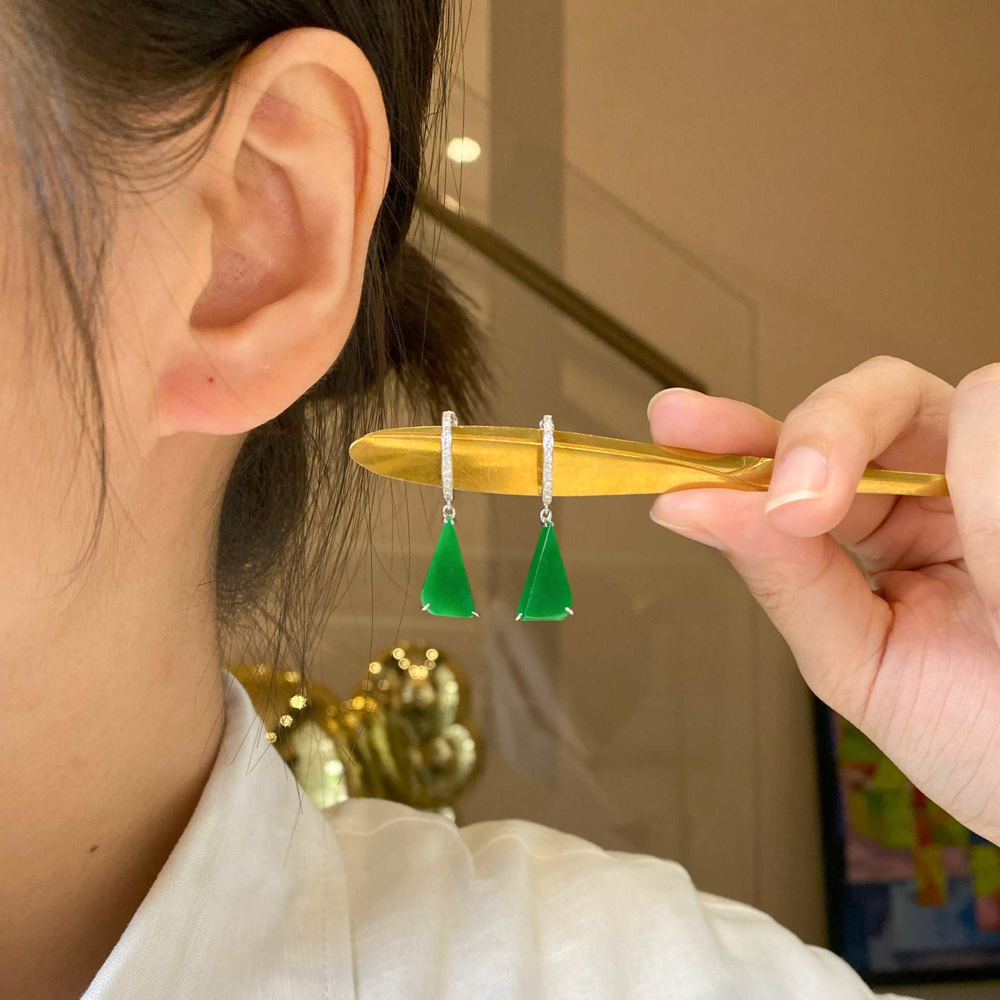 Natural Green Jade Drop Earrings 18K White Gold and Diamonds