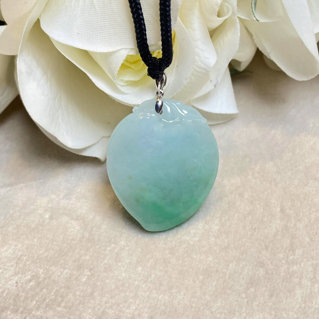 Imperial Green Peach Carved Burmese Jadeite Pendant in 18K White Gold Bail