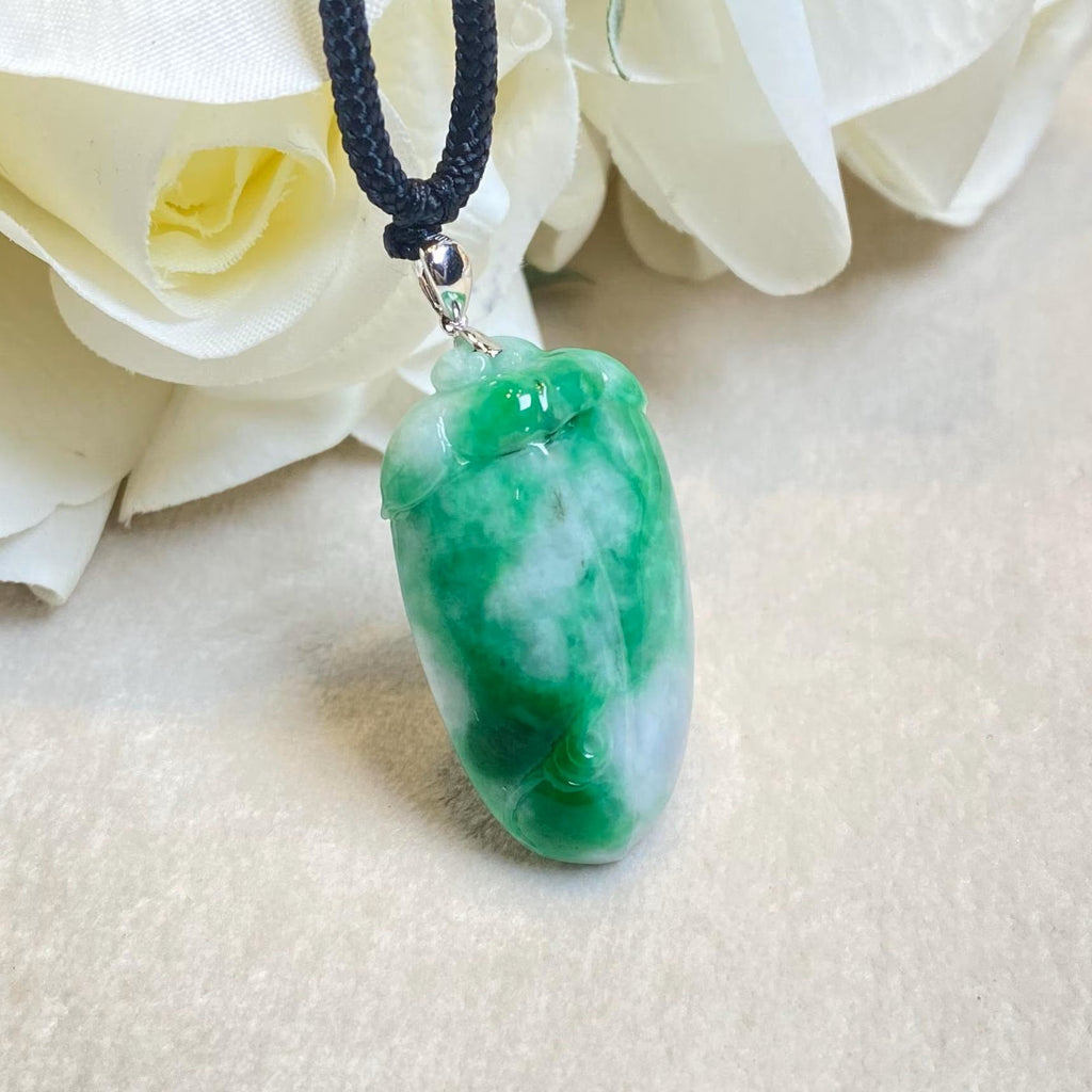 Natural Green Carved Peach Jade Pendant - 18k White Gold Bail