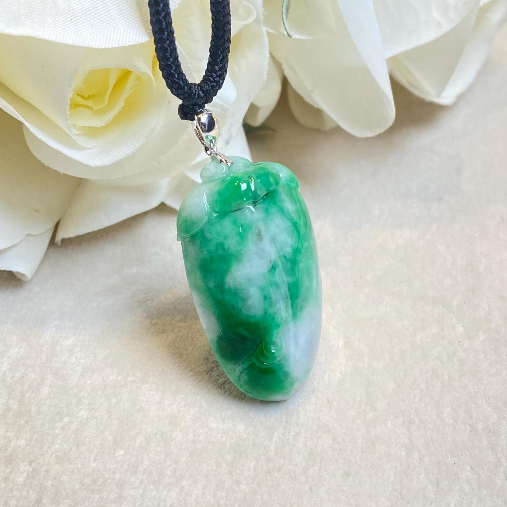 Natural Green Carved Peach Jade Pendant - 18k White Gold Bail