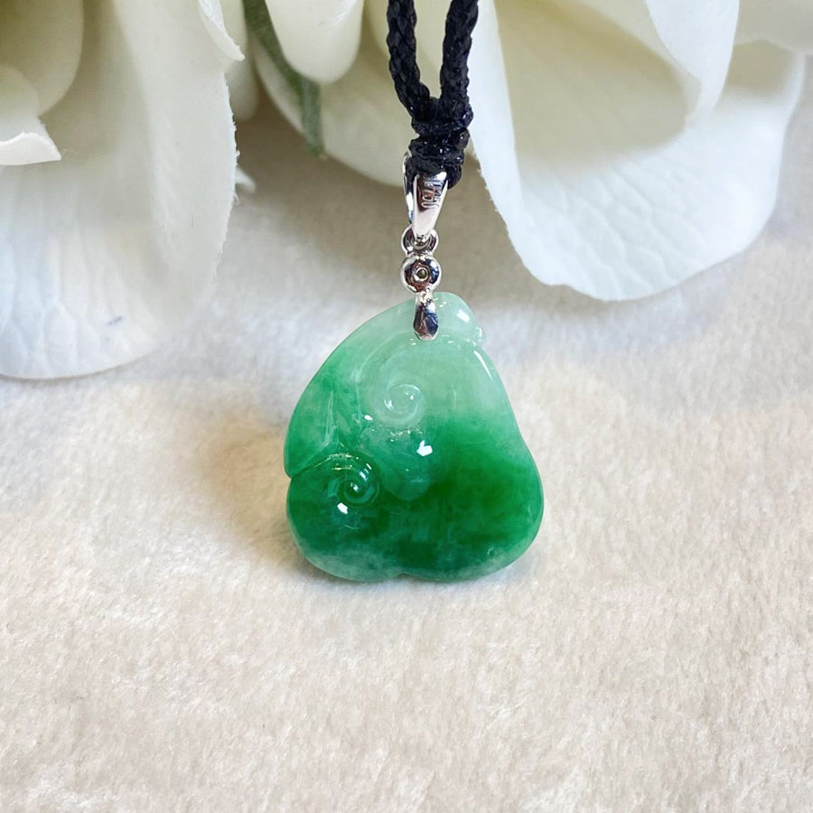 Natural Green Jadeite Pendant 18k White Gold Diamond - Carved Ruyi Jade