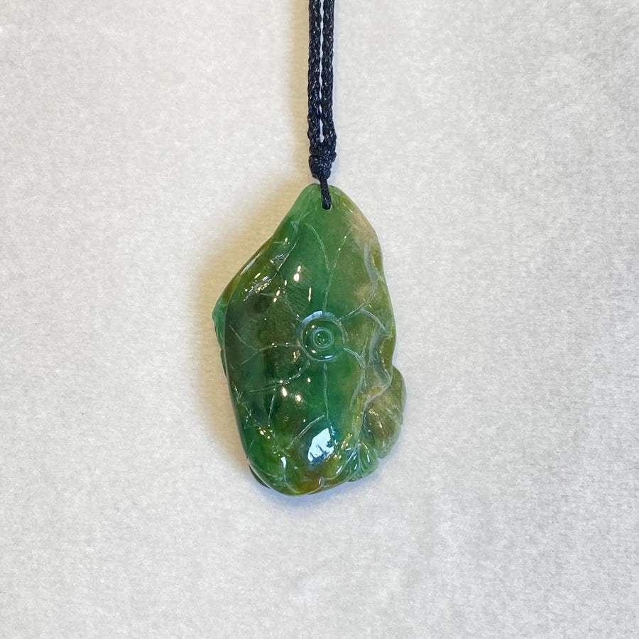 Handcrafted Tri-Color Jade Happy Monk Pendant with Lotus Leaf