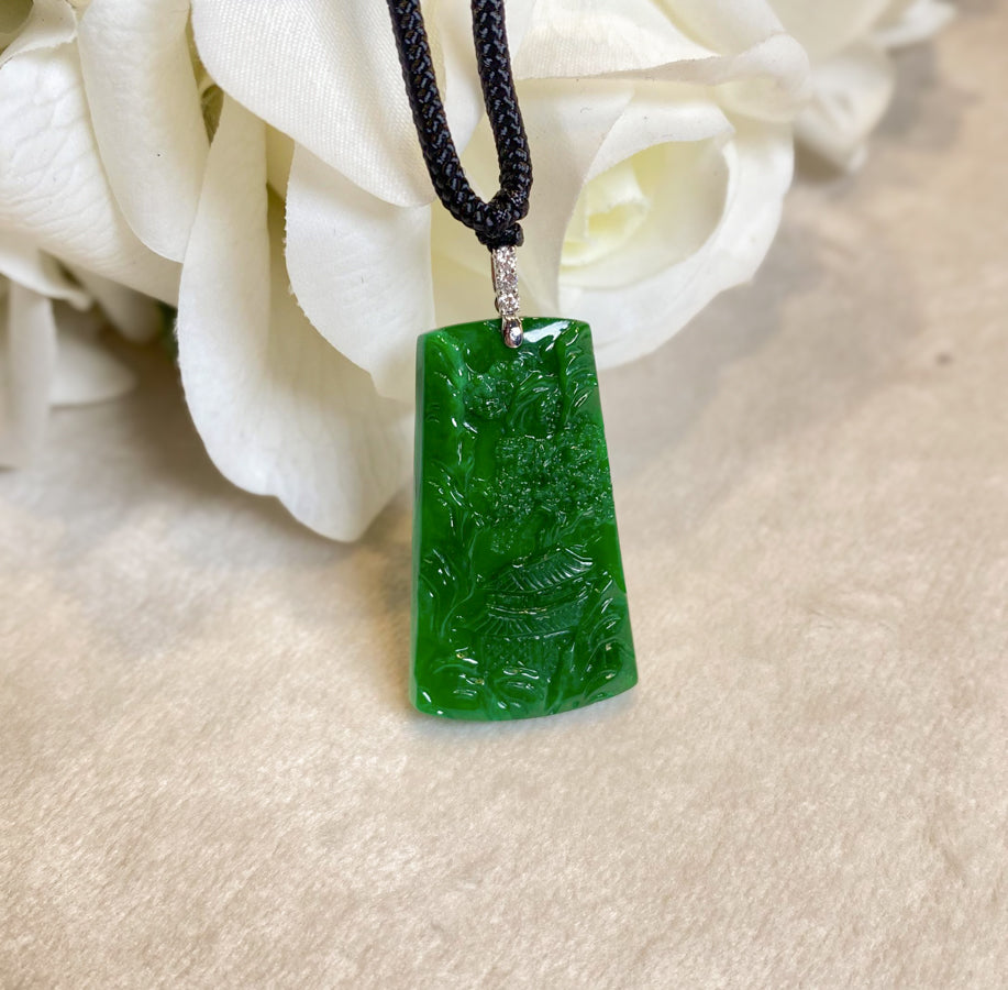 Imperial Green Jade Pendant with Mountain Carving, 18K White Gold & Diamonds