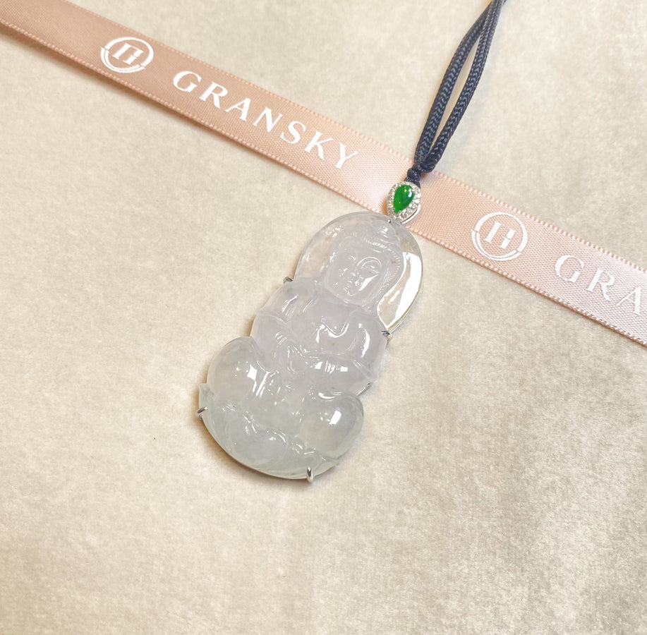 Gransky Handcrafted White Jadeite Guanyin Pendant Necklace in 18K White Gold with Diamonds