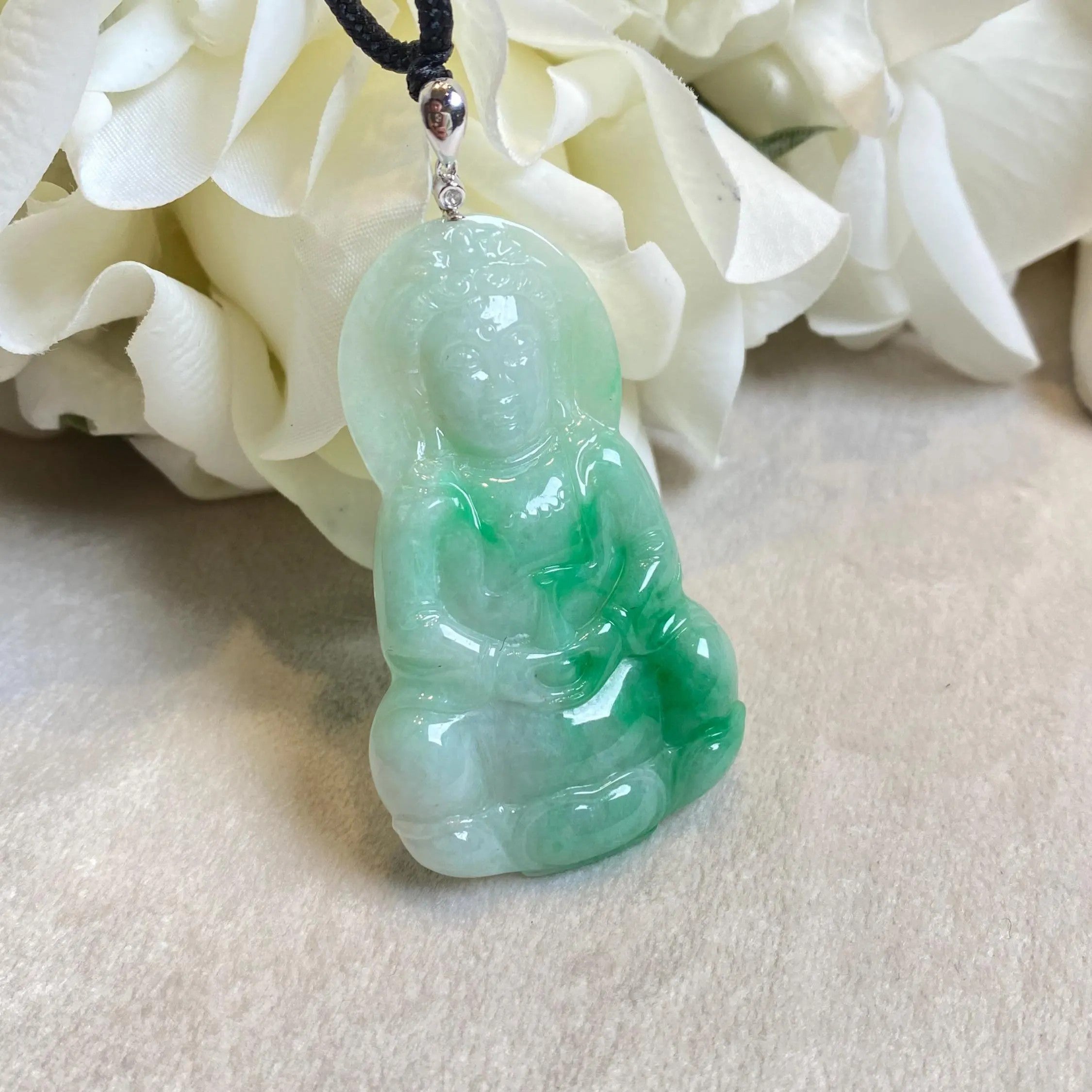 Gransky Handmade GuanYin Apple Green Jade Pendant 18k White Gold and Diamond
