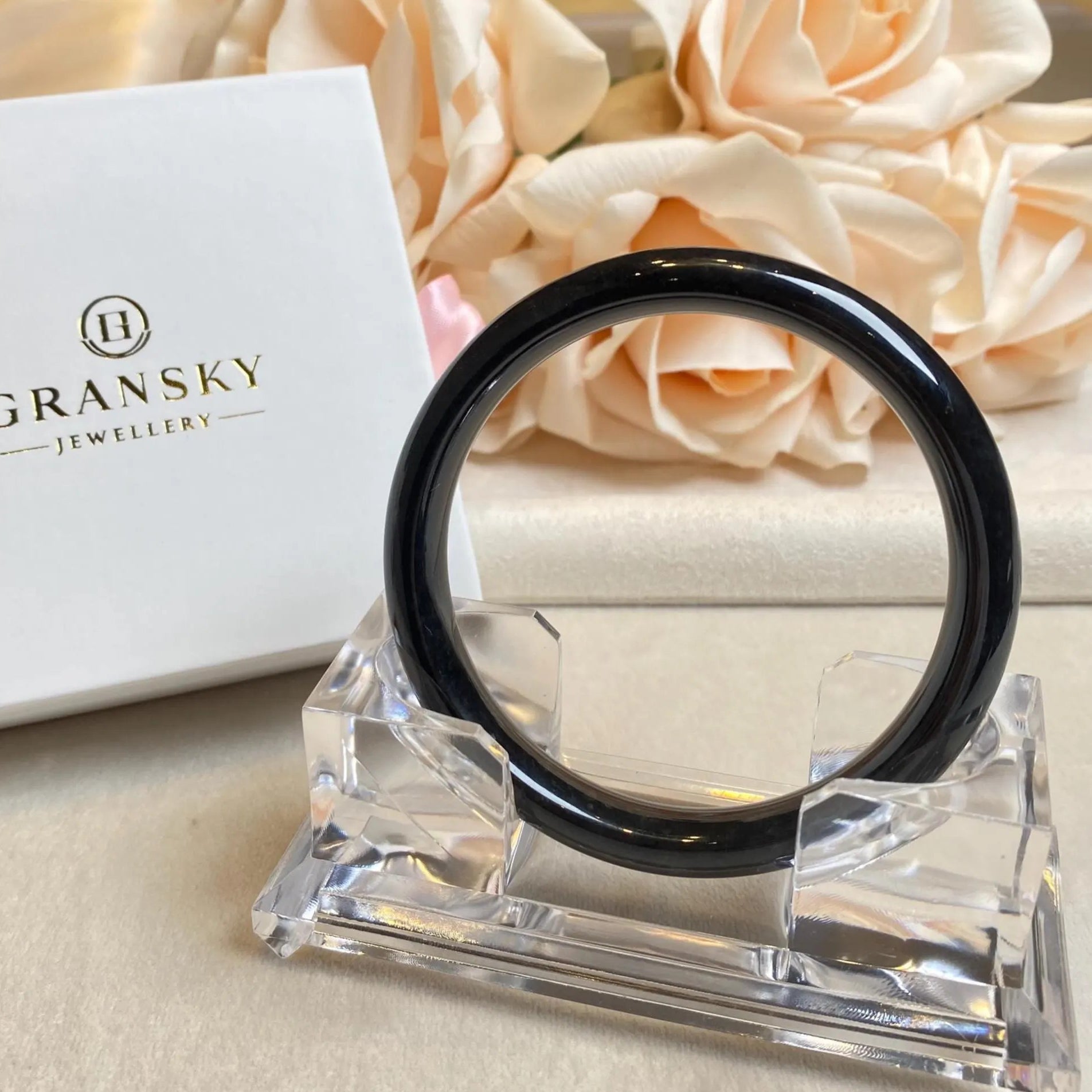 57.5mm Natural Black Burmese Jadeite Bangle Bracelet –  Flat Jade Bangle