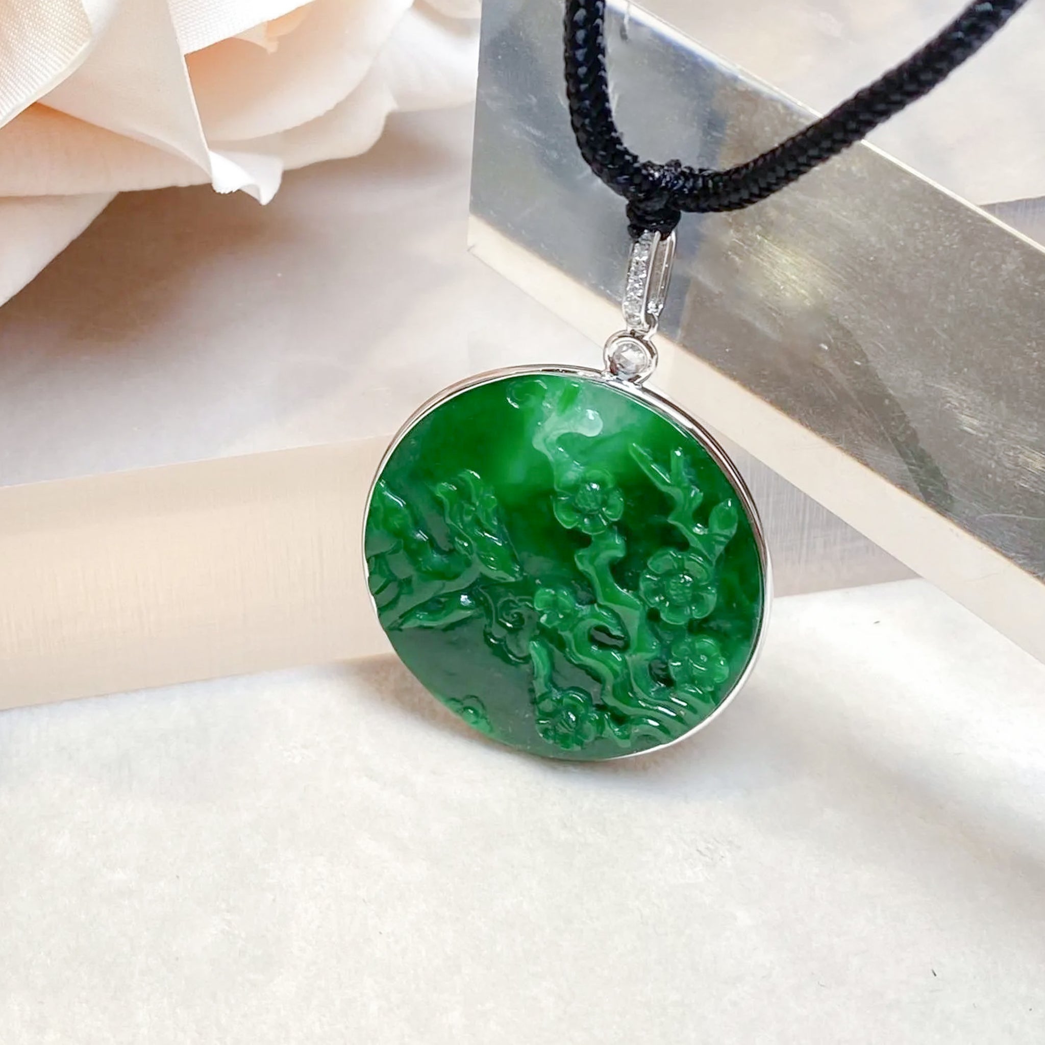 Imperial Green Carved Jade Deer & Plum Scenery Pendant in 18K Gold & Diamonds