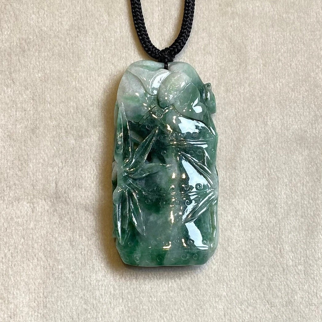 Natural Green Burmese Jadeite Bamboo Pendant with Fu Shu Carving – Adjustable Black String Necklace