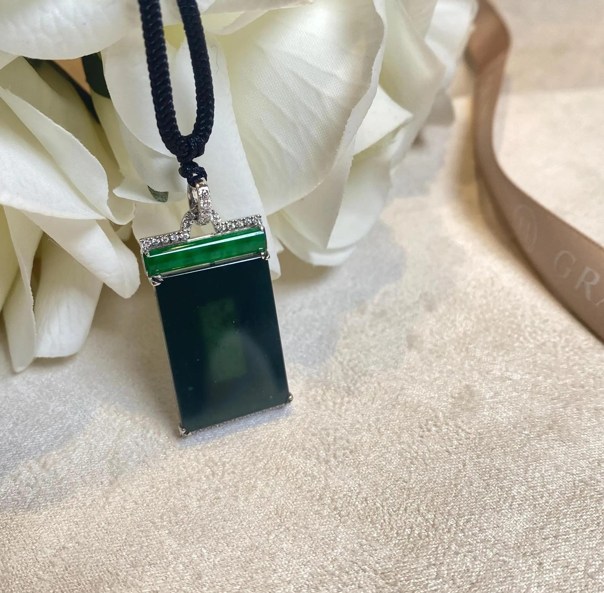 Black & Green Burmese Jadeite Pendant in 18K White Gold with Diamonds