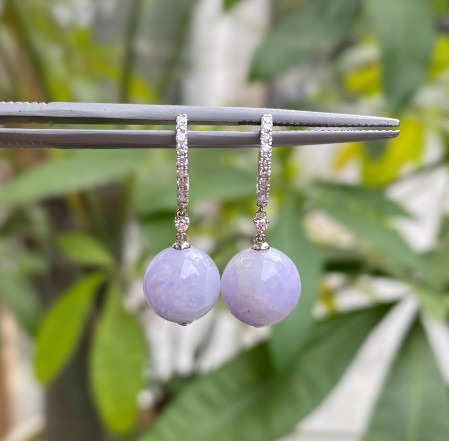 18k White Gold Diamonds Intense Purple Bead Jade Drop Earrings