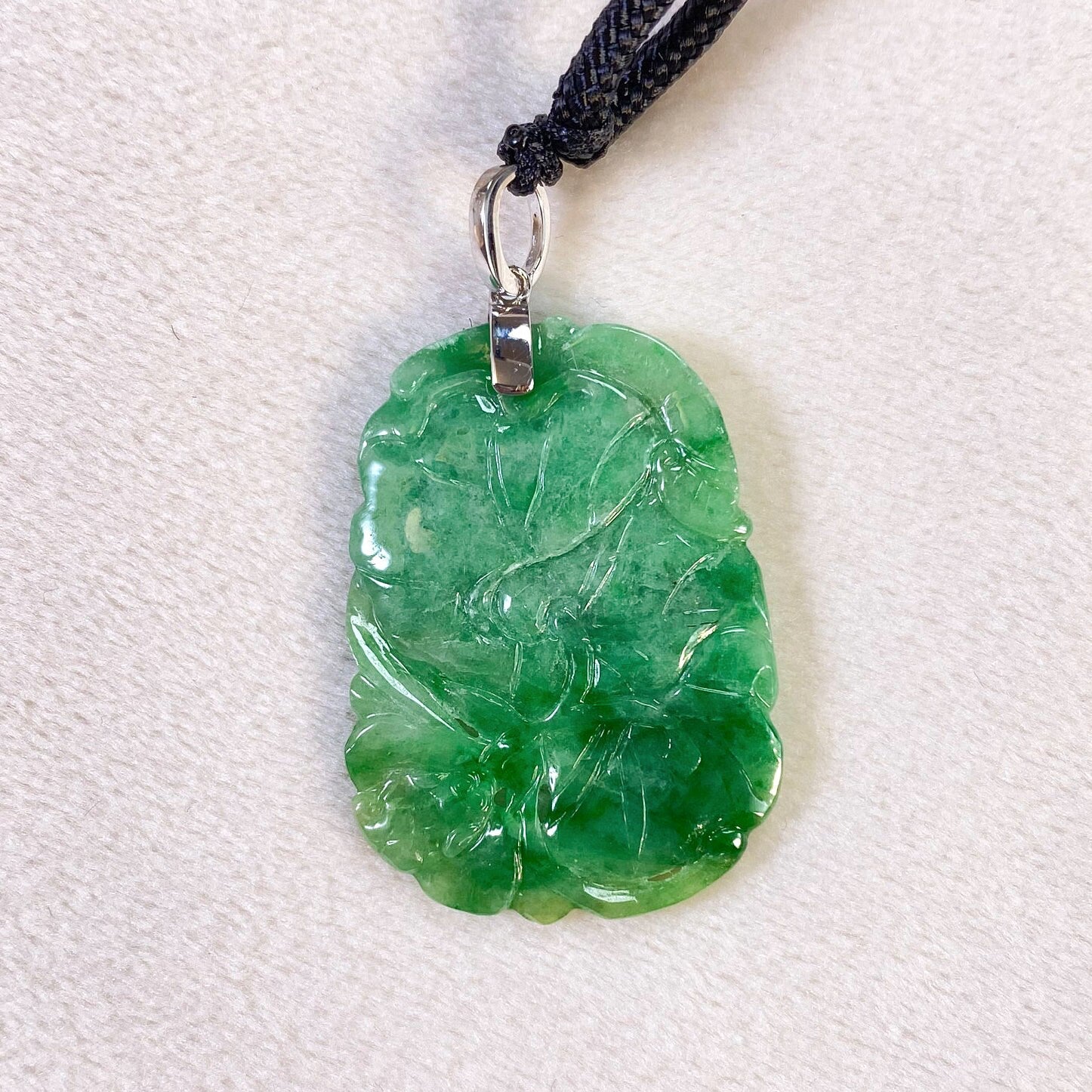 Bright Green Jade Ruyi & Lotus Pendant - 18K White Gold Bail