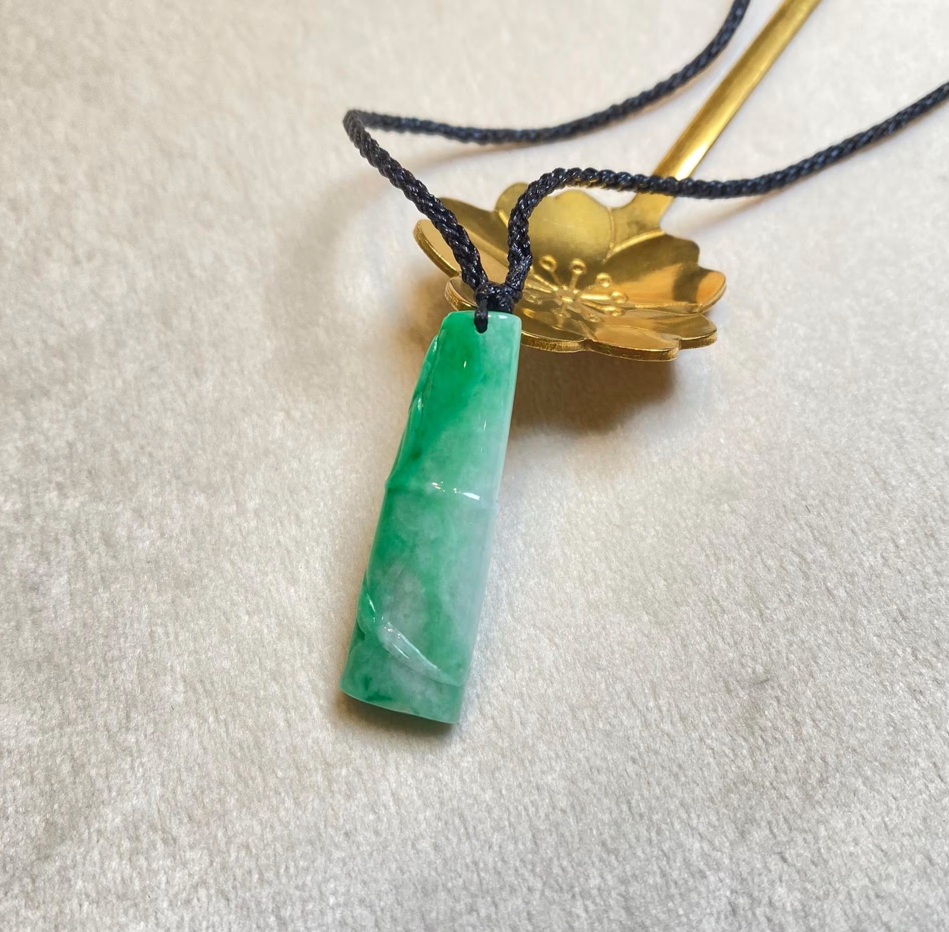Natural Green Burmese Jadeite Bamboo Pendant