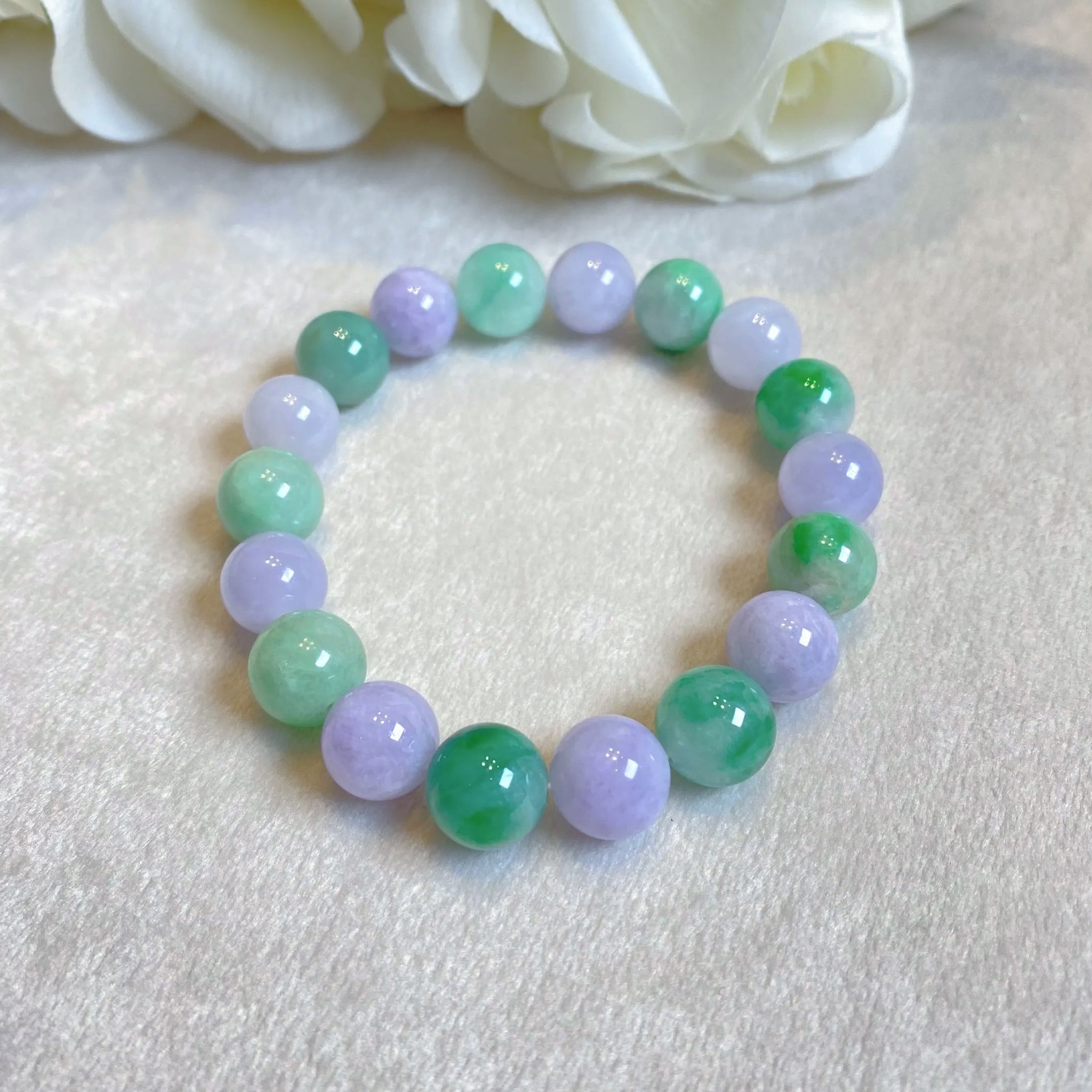 Alternating Green and Purple Jade Beaded Bracelet - 9-9.5mm Beads, 17cm, Natural Jadeite