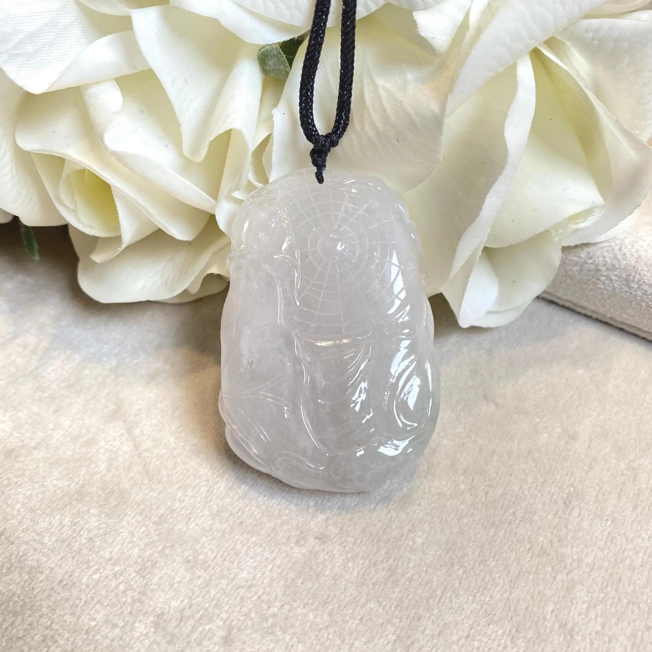 White Burmese Jadeite Shou Xing Pendant - God of Longevity Carving