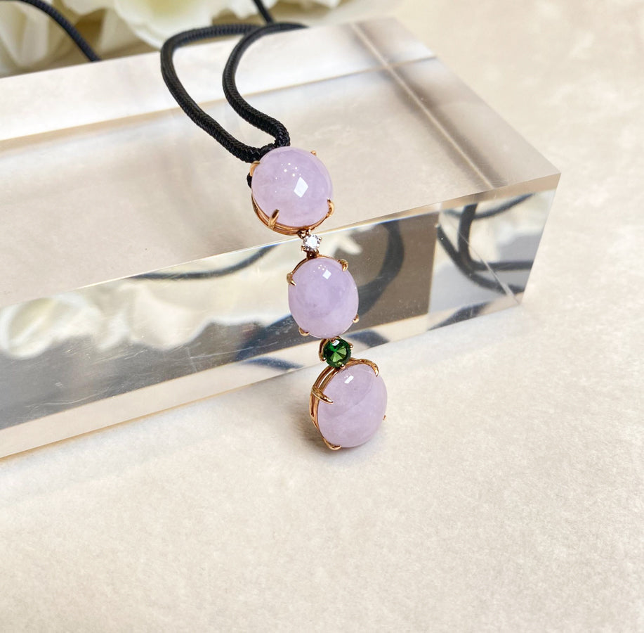 Triple Purple Jade Cabochon Pendant in 18K Rose Gold with Garnet Accents