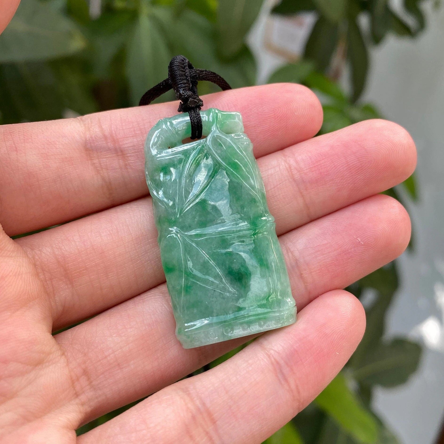 Apple Green Hand-Carved Bamboo Jade Pendant