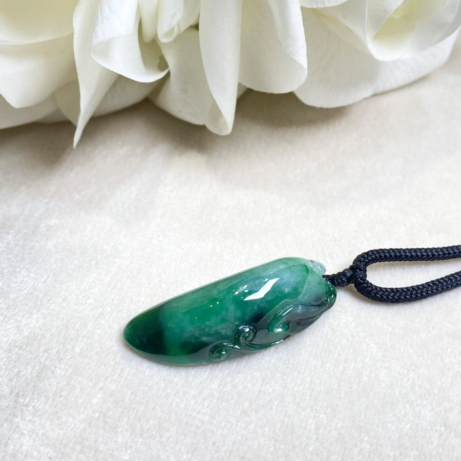 Intense Green Hand-Carved Jade Melon Pendant with Adjustable Black String